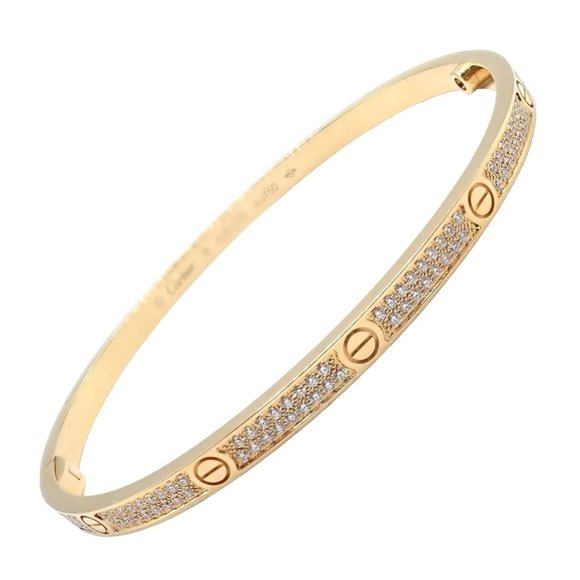 Cartier 18k Yellow Gold Love Pave Diamond Small Bangle Bracelet Size 18 Cert. - Picture 1 of 7